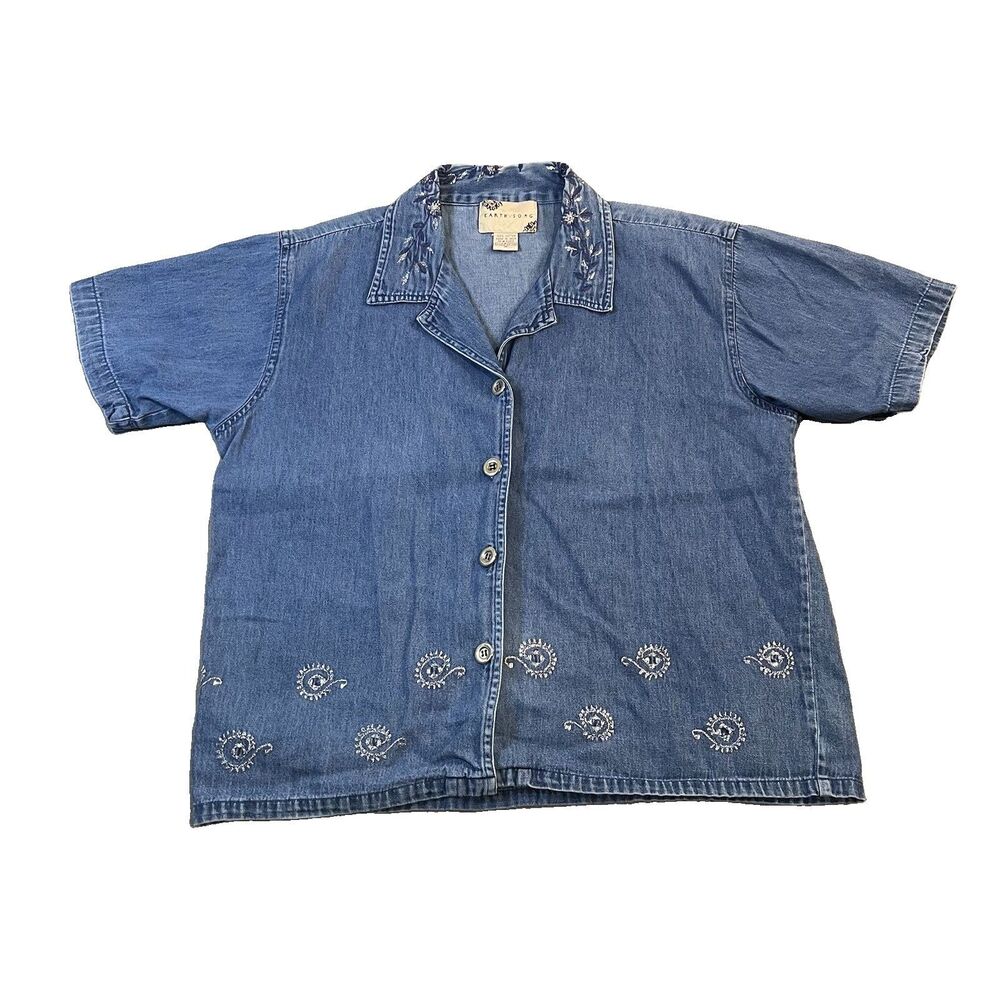 Earth Song Chambray Denim Swirls Geometric Embroidered Button Shirt Womens Sz M